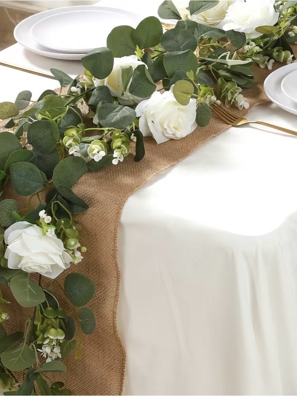 Amazon White Rose and Eucalyptus Garland Table Runner